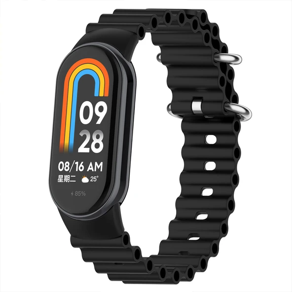 Xiaomi Mi Band 8 İle Uyumlu Dalga Desenli Metal Tokalı Yumuşak Silikon Kordon   Siyah ürün görseli 1