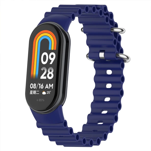 Xiaomi Mi Band 8 İle Uyumlu Dalga Desenli Metal Tokalı Yumuşak Silikon Kordon   Lacivert ürün görseli 1