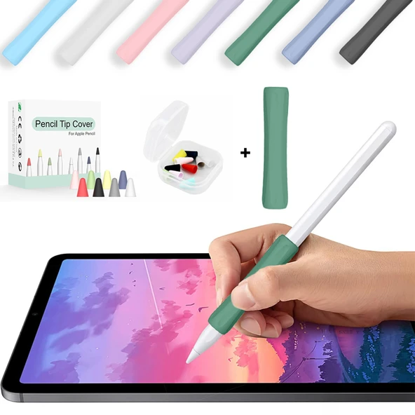 Apple Pencil 1-2 Nesil Pro USB-C Uyumlu Soft Yumuşak Silikon Kalem Tutucu ve 8'li Kalem Ucu Koruyucu  Haki ürün görseli 1