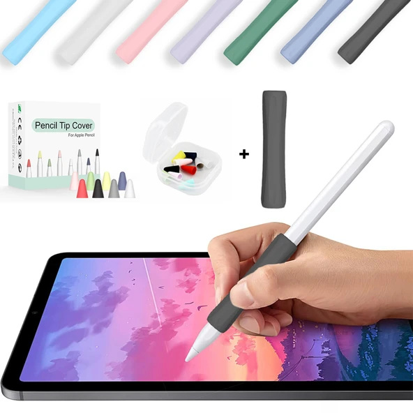 Apple Pencil 1-2 Nesil Pro USB-C Uyumlu Soft Yumuşak Silikon Kalem Tutucu ve 8'li Kalem Ucu Koruyucu  Siyah ürün görseli 1