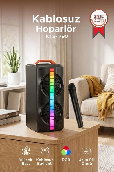 Bluetooth Hoparlör Mikrofonlu Rgb Işıklı Speaker KTS-1790 Siyah ürün görseli 1