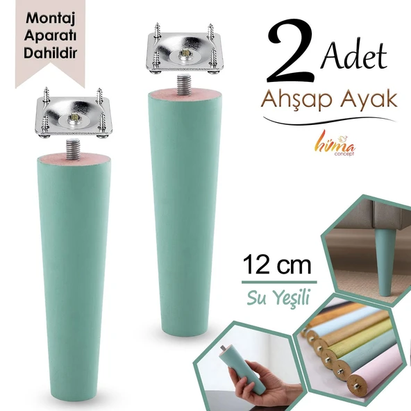 2 Adet Ahşap Ayak 12 Cm Su Yeşili M8 Civatalı Bağlantı Aparatlı Dolap Mobilya Koltuk Kanepe Destek Ayağı Ayakları ürün görseli 1