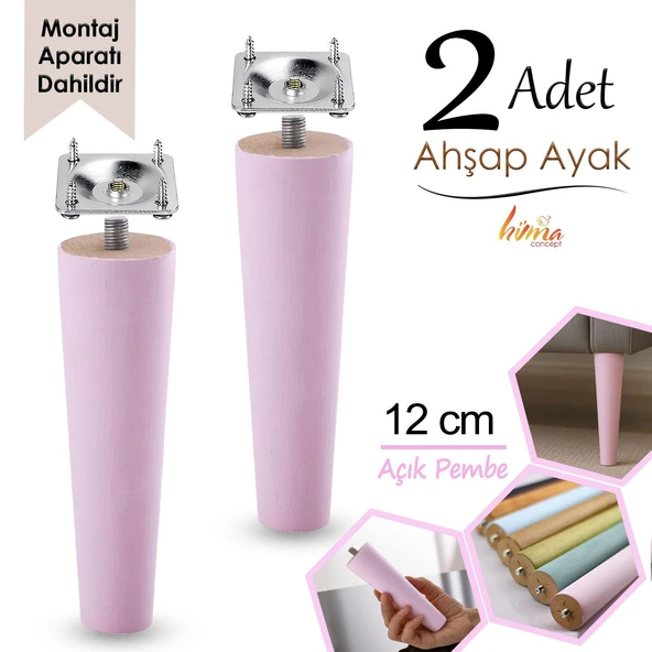 2 Adet Ahşap Ayak 12 Cm Açık Pembe M8 Civatalı Bağlantı Aparatlı Dolap Mobilya Koltuk Kanepe Destek Ayağı Ayakları ürün görseli 1