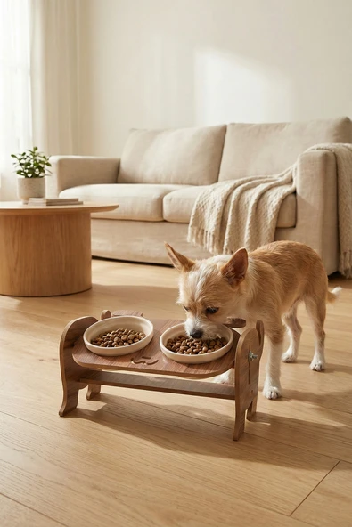 Ahşap Köpek Mama Seramik Su Kabı Standı,Köpekli Mama Kabı, Hediye Kedi- Köpek Halısı ürün görseli 1