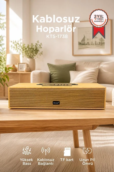 Bluetooth Hoparlör Telefon Standlı Derin Bas USB TF Speaker KTS-1738 Ahşap ürün görseli 1