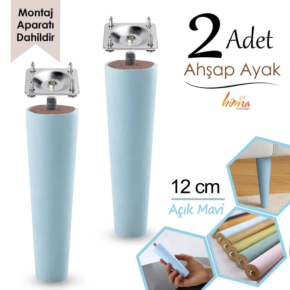 2 Adet Ahşap Ayak 12 Cm Açık Mavi M8 Civatalı Bağlantı Aparatlı Dolap Mobilya Koltuk Kanepe Destek Ayağı Ayakları ürün görseli 1