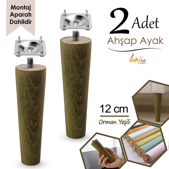 2 Adet Ahşap Ayak 12 Cm Orman Yeşili M8 Civatalı Bağlantı Aparatlı Dolap Mobilya Koltuk Kanepe Destek Ayağı Ayakları ürün görseli 1