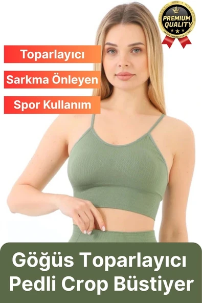 Göğüs Toparlayıcı Sarkma Önleyen Gündelik Spor Kullanım İnce İp Askılı Pedli Çizgili Crop Büstiyer ürün görseli 1