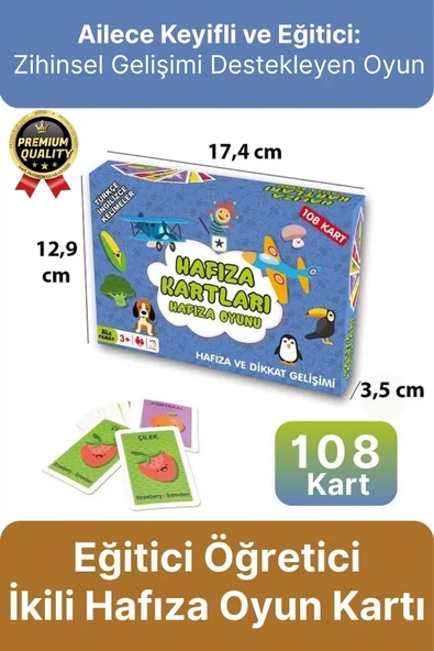 Yeni Seri Aile Eğitici Öğretici Eğlenceli Renkli Türkçe İngilizce İkili Hafıza Oyun Kartı-108 Kart ürün görseli 1