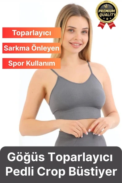 Göğüs Toparlayıcı Sarkma Önleyen Gündelik Spor Kullanım İnce İp Askılı Pedli Çizgili Crop Büstiyer ürün görseli 1