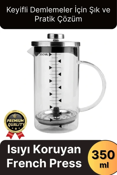 Çok Amaçlı Isıyı Koruyan Süzgeçli Bitki Çayı Filtre Kahve Demlik Ölçü Kabı Cam French Press 350 ml ürün görseli 1