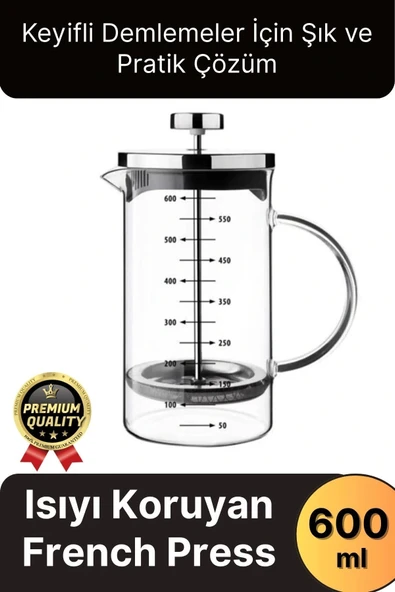 Çok Amaçlı Isıyı Koruyan Süzgeçli Bitki Çayı Filtre Kahve Demlik Ölçü Kabı Cam French Press 600 ml ürün görseli 1