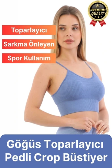 Göğüs Toparlayıcı Sarkma Önleyen Gündelik Spor Kullanım İnce İp Askılı Pedli Çizgili Crop Büstiyer ürün görseli 1