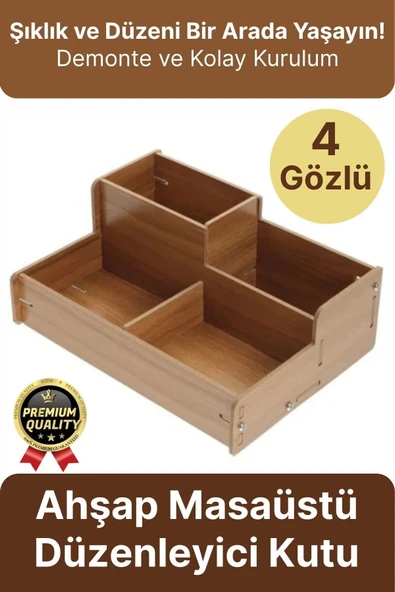 Kırtasiye Kalem Makyaj Malzemesi Saklama Çok Amaçlı 4 Gözlü Bölmeli Ahşap Masa Üstü Düzenleyici Kutu ürün görseli 1