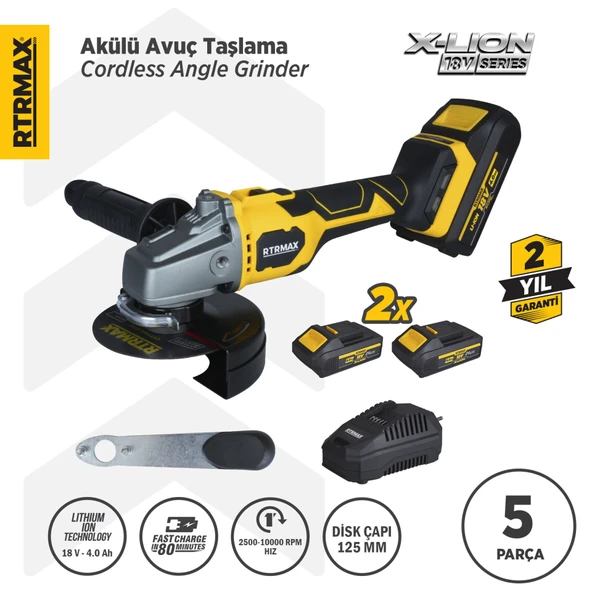 RTX3060 Şarjlı Avuç Taşlama Makinası Kömürsüz 125mm 2x4AhPlus Çift Akü Hızlı Şarj X-Lion - Akü Dahil ürün görseli 1