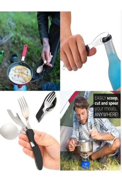 3'ü 1 Arada Kaşık Çatal Bıçak Açacak Takımı Katlanabilir ve Ayrılabilir Kamp Yemek Outdoor Seti ürün görseli 1