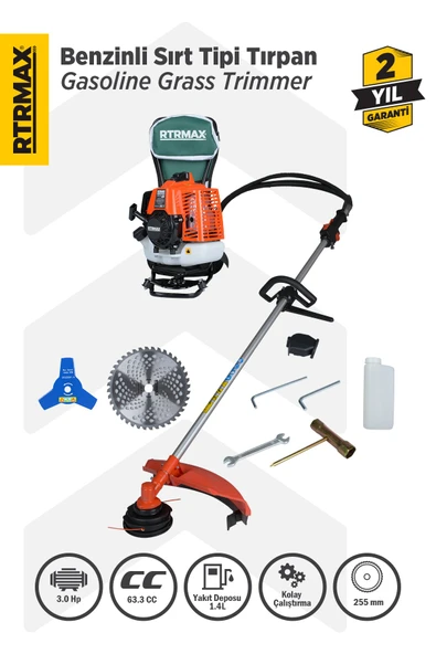 RTM9640 Benzinli Sırt Tipi Tırpan 63Cc 3.0Hp (Tırpan Bıçağı,Misina Başlığı,Tırpan Testeresi Hediye) ürün görseli 1