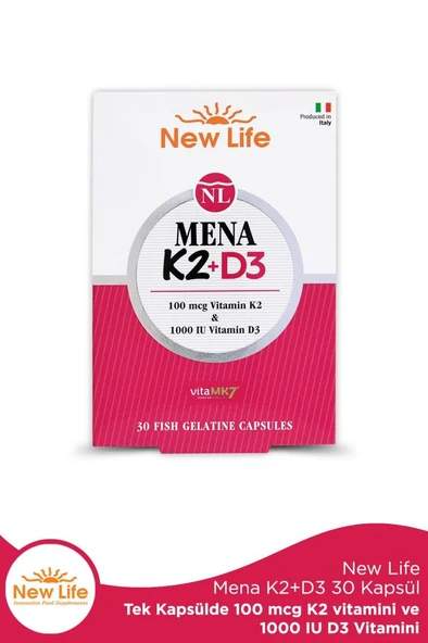 New Life Mena K2 D3 30 Kapsül - 100mcg K2 Vitamini + 1000IU D3 Vitamini ürün görseli 1