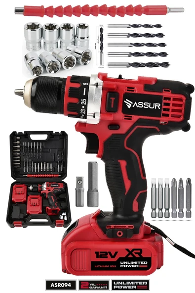 Assur 12V Çift Akü Şarjlı Matkap Metal Şanzıman Akülü Vidalama ürün görseli 1