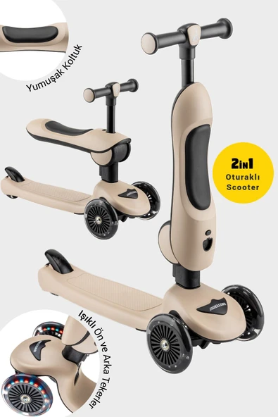 Wellgro Easy Go Oturaklı ve Işıklı Scooter, Kahve ürün görseli 1