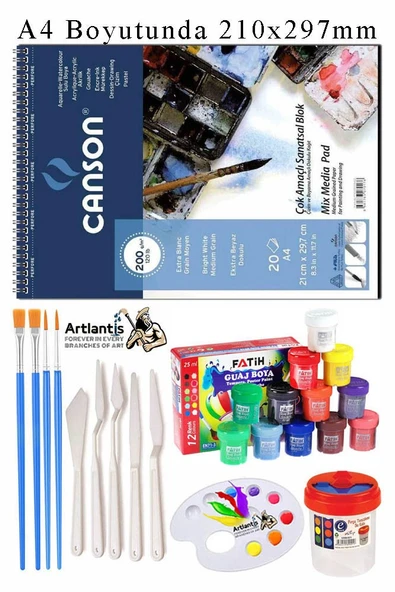 Canson Çok Amaçlı Sanatsal Blok A4 200 gr 20 Yaprak 1 Adet 6 Renk Guaj Boya Fırça Palet Spatula Fırça Temizleme Kabı ürün görseli 1