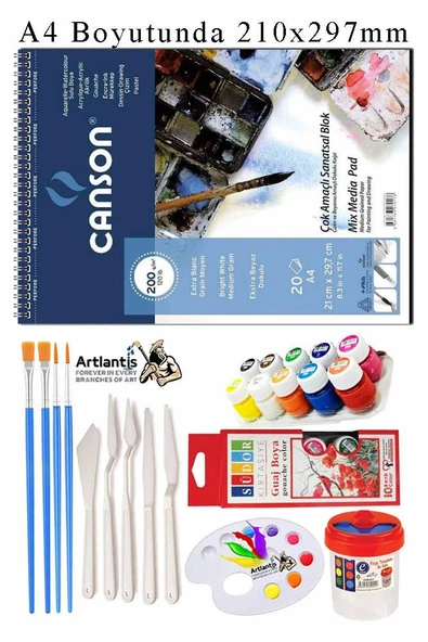Canson Çok Amaçlı Sanatsal Blok A4 200 gr 20 Yaprak 1 Adet 10 Renk Guaj Boya Fırça Palet Spatula Fırça Temizleme Kabı ürün görseli 1