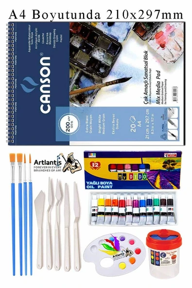 Canson Çok Amaçlı Sanatsal Blok A4 200 gr 20 Yaprak 1 Adet Mydido 12 Renk Yağlı Boya Fırça Palet Spatula Fırça Temizleme ürün görseli 1