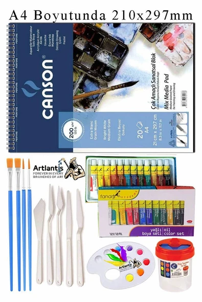 Canson Çok Amaçlı Sanatsal Blok A4 200 gr 20 Yaprak 1 Adet Fanart 12 Renk Yağlı Boya Fırça Palet Spatula Fırça Temizleme ürün görseli 1