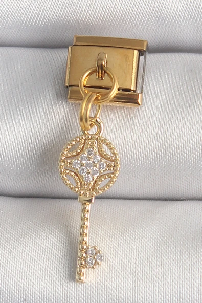 316L Çelik Gold Renk Sallantı Zirkon Taşlı Anahtar Model Nomination Charm TJ-BC1347 ürün görseli 1