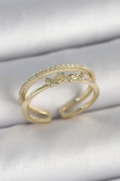 Pirinç Gold Renk 2'Li Sıra Zirkon Taş Detaylı Kelebek Figürlü Ayarlanabilir Model Kadın Yüzük TJ-BYK3733 ürün görseli 1