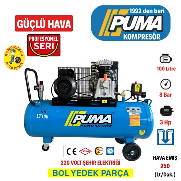 PUMA 100 Litre Yağlı Pistonlu Kompresör 3 HP, 8 Bar, 220 Volt ürün görseli 1