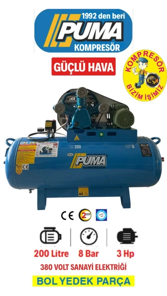 Puma 200 lt HAVA KOMPRESÖRÜ 3 HP 3 PİSTON 8 BAR 380 VOLT DÖKÜM KAFA YAĞLI ürün görseli 1