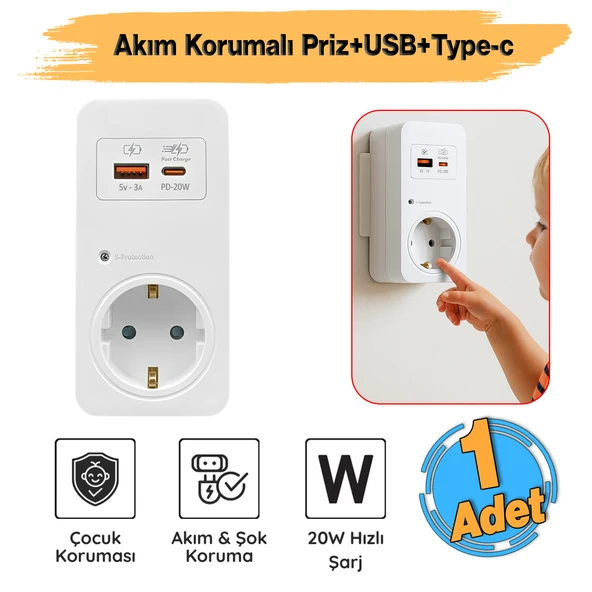 Akım Şok Korumalı Tekli Priz USB TYPE-C Çoçuk Korumalı Fiş Telefon Hızlı Şarj Soketi 720 Joule ürün görseli 1
