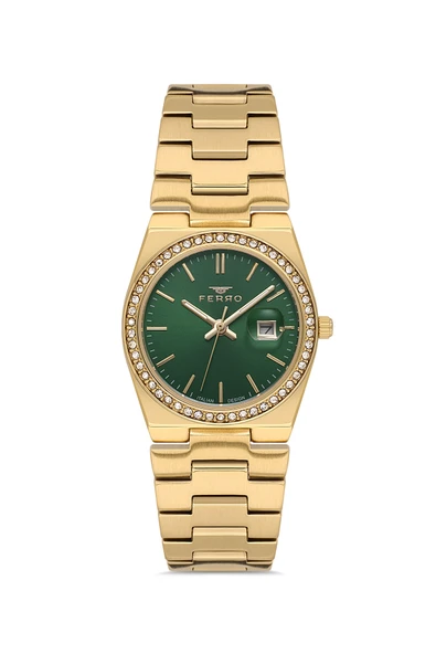 Ferro FL21596AWT-B6 Quartz Çelik Altın Rengi Yeşil Kadran 30 mm Kadın Kol Saati ürün görseli 1