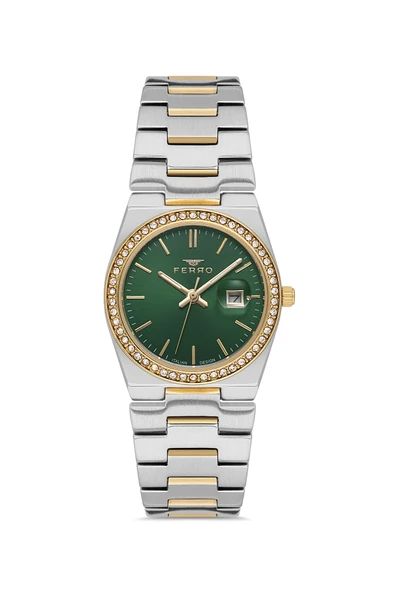 Ferro FL21596AWT-D6 Quarzt Çelik Altın/Gri Yeşil Kadran 30 mm Kadın Kol Saati ürün görseli 1
