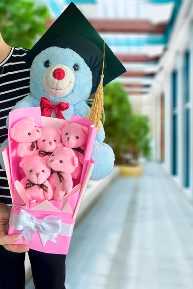 Mezuniyet Hediyesi:  Mezun Peluş Ayıcık & Pembe Ayıcık Buketi ürün görseli 1