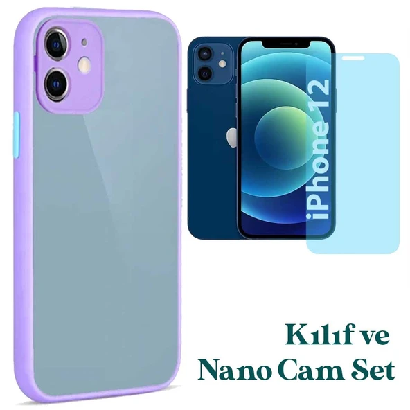 Apple iPhone 12 Uyumlu Montreal Kılıf Ve Nano Cam Ekran Koruyucu Set Lila ürün görseli 1