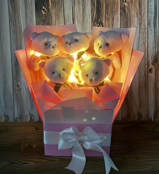Premium LED Işıklı Romantik Pembe Peluş Ayıcık Buketi ürün görseli 1