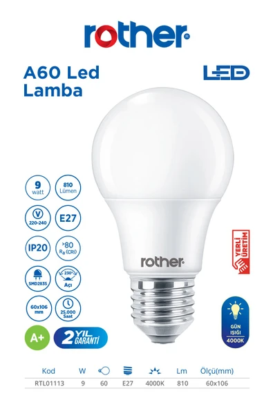 RTL01113 Rother A60 LED Ampul 9W E27 810 Lümen 4000K Gün Işığı - Enerji Tasarruflu Ampul ürün görseli 1