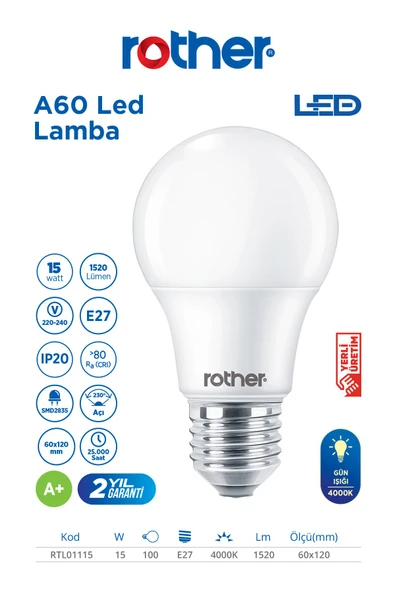 RTL01115 Rother A60 LED Ampul 15W E27 1520 Lümen 4000K Gün Işığı - Enerji Tasarruflu Ampul ürün görseli 1
