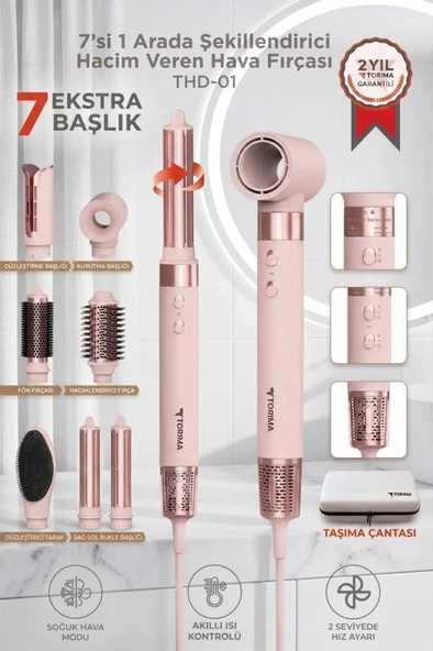 Saç Şekillendirme ve Kurutma Seti 7in1 Hava Üflemeli Fön Makinesi Airwrap Compact THD01 Pembe ürün görseli 1