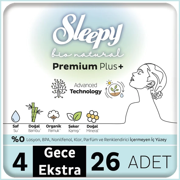 Sleepy Bio Natural Premium Plus Hijyenik Ped Mega Paket Gece Extra 26x6 156 Adet ürün görseli 1