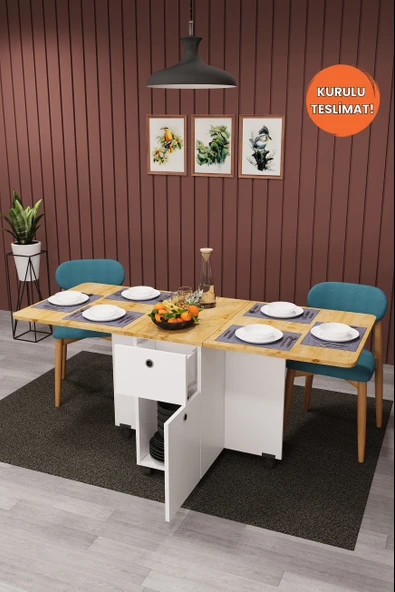 Lüks Katlanır Mutfak Yemek Masası %100 MDF Pratik Çekmeceli Çalışma Masası KM02 ürün görseli 1