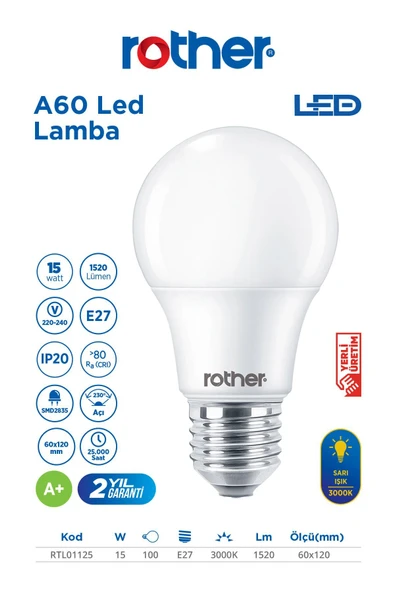 RTL01125 Rother A60 LED Ampul 15W E27 1520 Lümen 3000K Sarı Işık - Enerji Tasarruflu Ampul ürün görseli 1