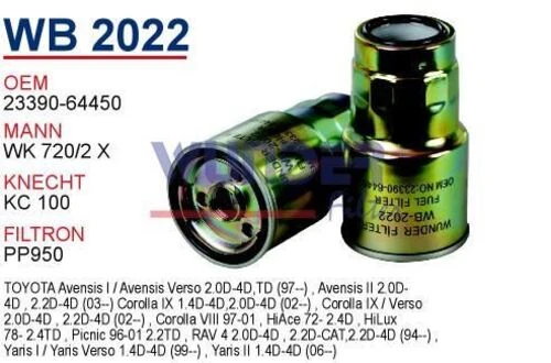 Wunder WB2022 Wb2022 Mazot Filtresi - Toyota Corolla Uyumlu D4D 540136209 ürün görseli 1