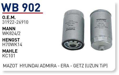 Wunder WB902 Wb902 Mazot Filtresi - Hyundai Admira - Era - Getz (Uzun T 540135891 ürün görseli 1