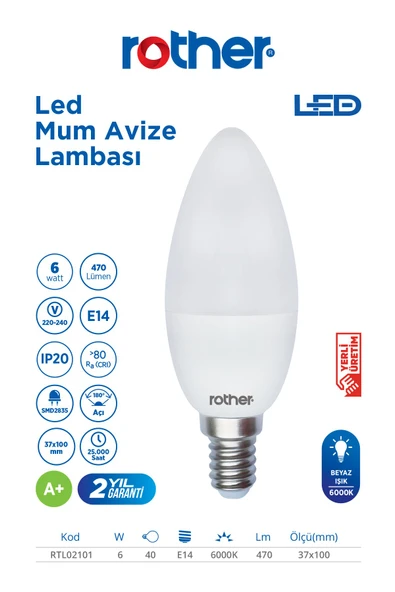RTL02101 Rother LED Mum Avize Ampul 6W E14 470 Lümen 6000K Beyaz Işık - Enerji Tasarruflu Ampul ürün görseli 1