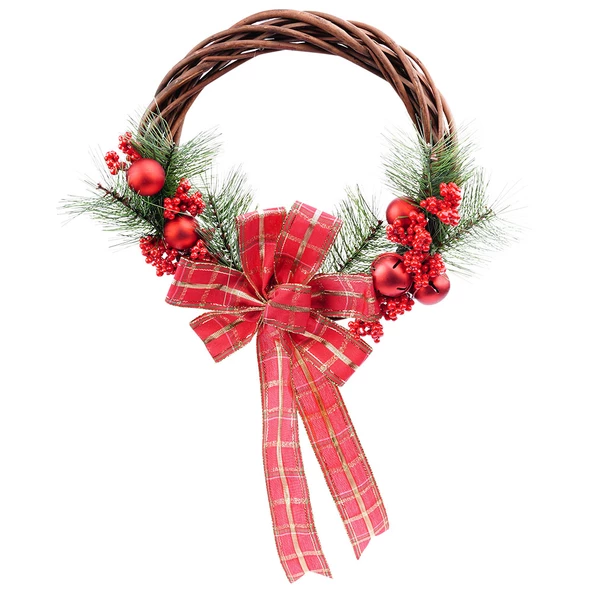 Yılbaşı Kırmızı Naturel Kapı Süsü Çelenk 25 cm - Resim 2