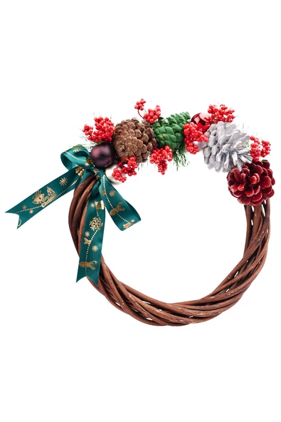 Yılbaşı Kırmızı Naturel Kapı Süsü Çelenk 25 cm - Resim 5