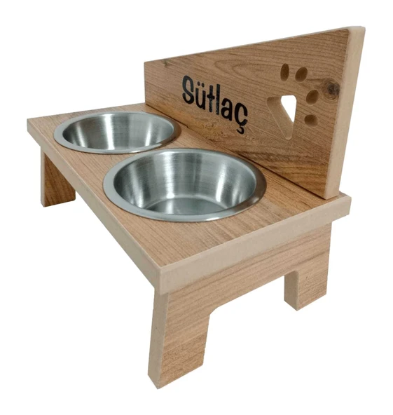 Kedi Köpek Mama Kabı Standı - Pençe Model - Meşe Meşe MDF - Çelik Kase - 2x400ml ürün görseli 1